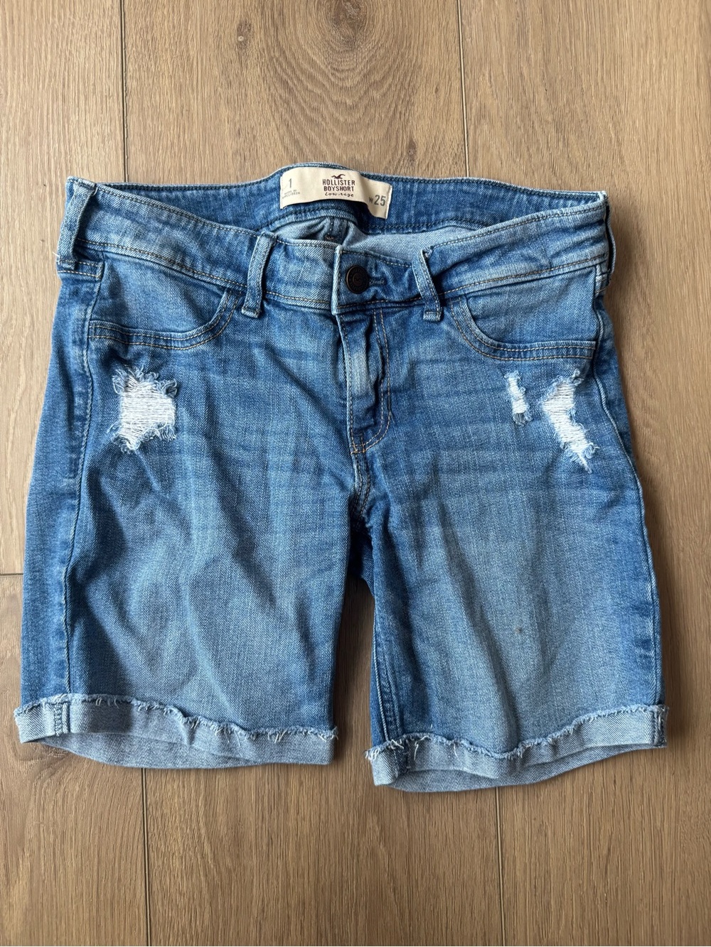 Hollister Women's Distressed Denim Low-rise Boyshort Denim Shorts - Light Blue